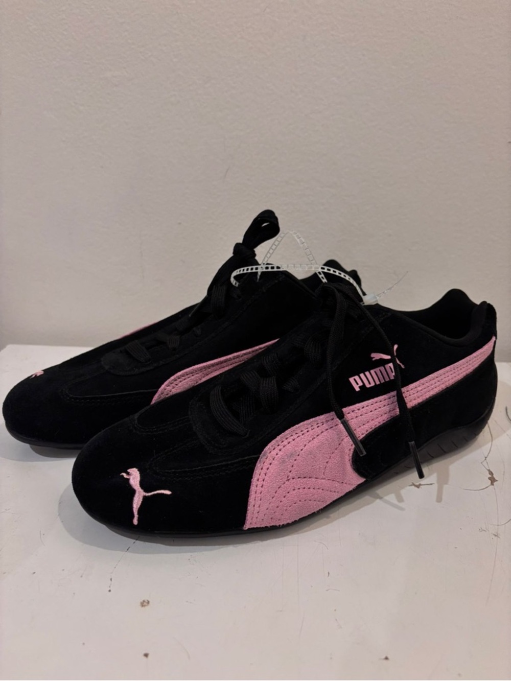 Puma Black Suede Sneakers with Pink Formstrip and Logo